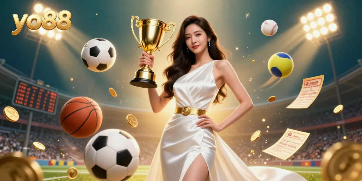 Experience the thrilling world of yo88 as a victorious Asian woman holds a trophy amidst dynamic sports betting elements.