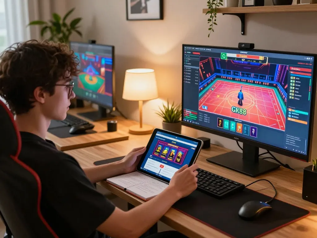 Gambling on GK88 app in a cozy home office with strategic notes on table