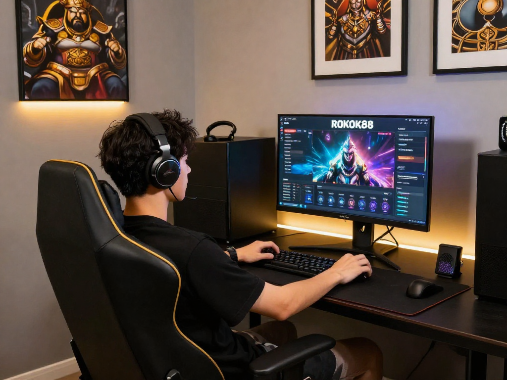 ROKOK88 premium gaming experience with elegant black-and-gold theme and stylish accessories.