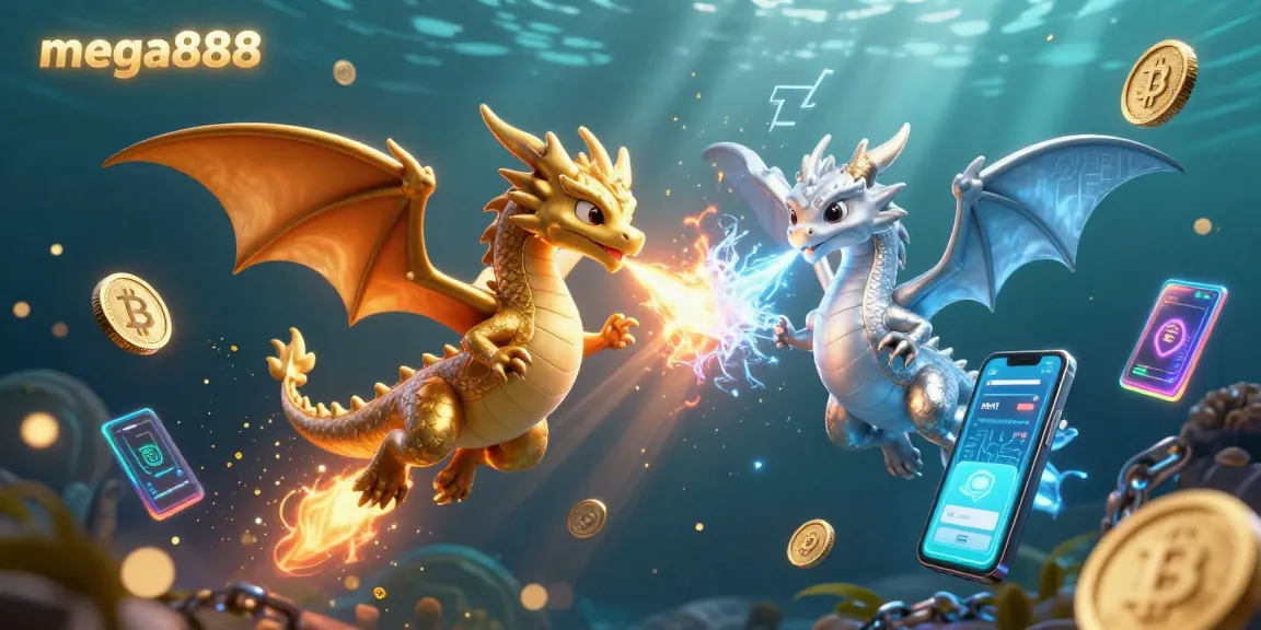 Experience mega888's thrilling gaming with dragons unleashing fire and ice in a vibrant casino scene.