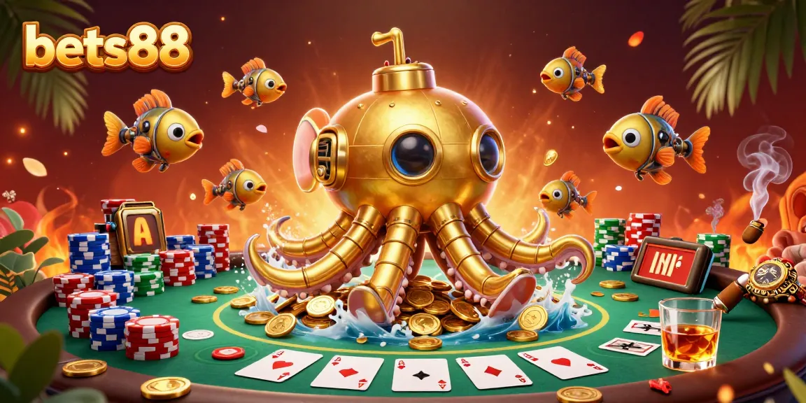 bets88 reveals an ultra-detailed scene showcasing a kraken submarine amidst golden coins and poker elements.