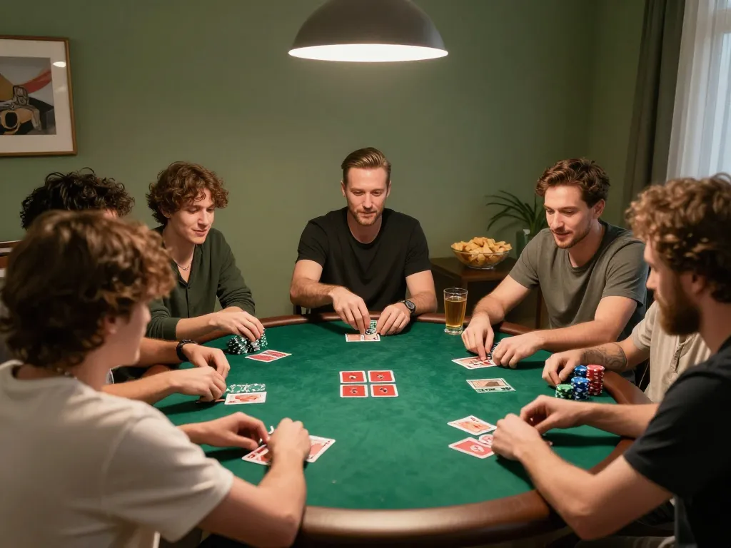 Exciting home poker night scene showing players engaged in active gameplay, emphasizing nhacaiuytinn