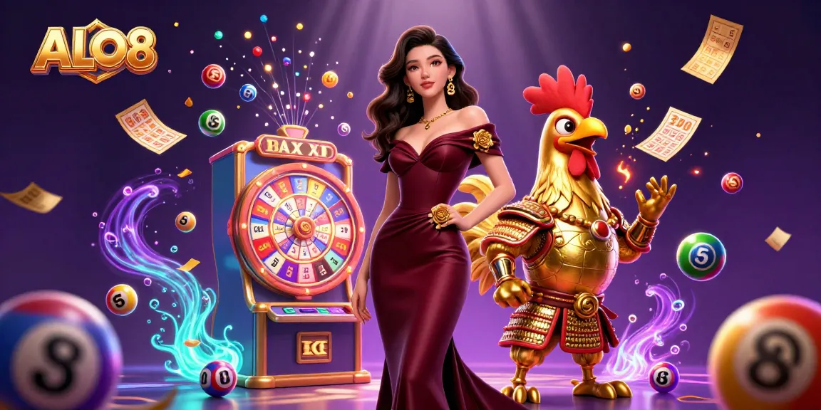 Engage with ALO8's thrilling gaming experience featuring a glamorous woman and a golden rooster in dynamic gambling environment.