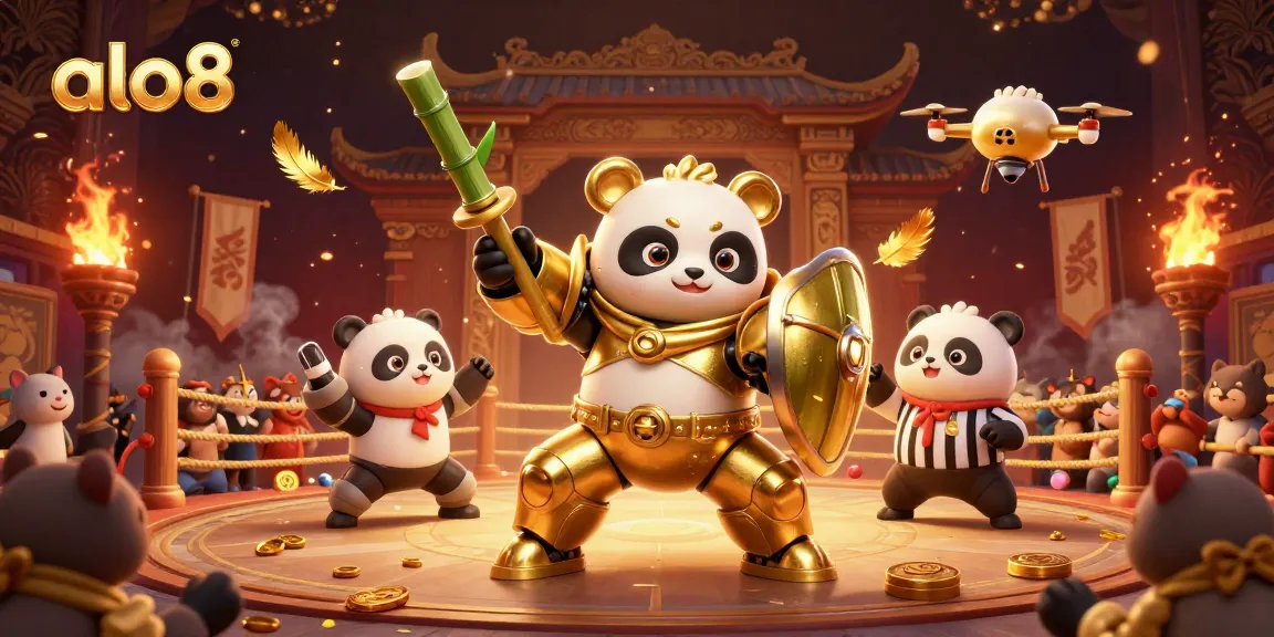 Bet big with alo8 in an exhilarating dynamic arena featuring golden panda piloting a robot.