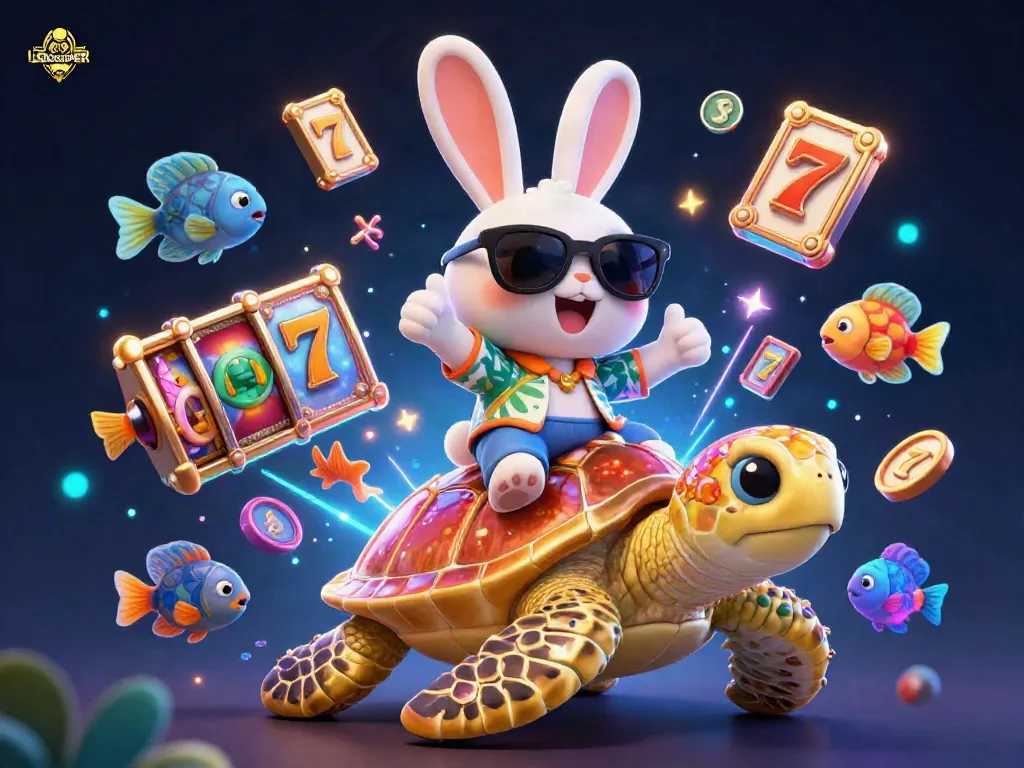 Spin big with LGOSUPER as a lucky rabbit rejoices on a golden turtle amidst vibrant casino visuals.