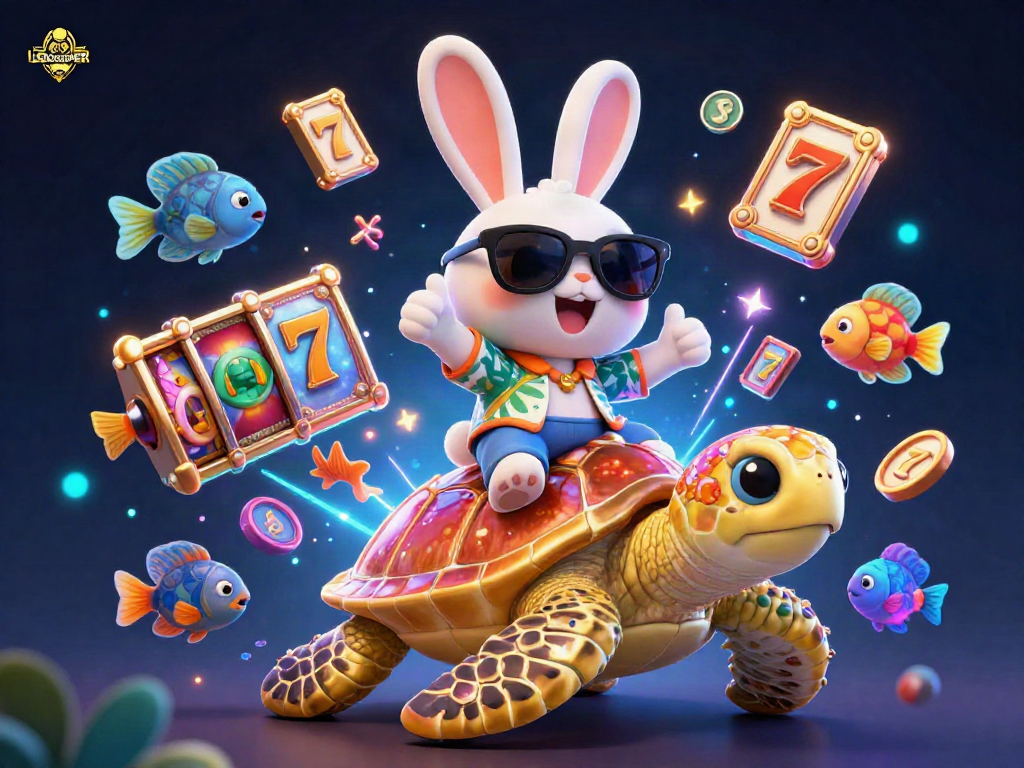 Spin big with LGOSUPER as a lucky rabbit rejoices on a golden turtle amidst vibrant casino visuals.