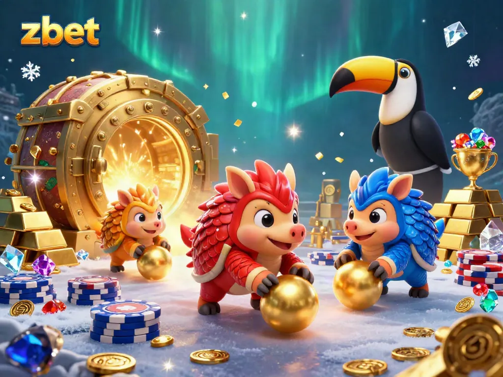 Zbet pangolins compete in a dynamic casino environment rolling golden balls amidst poker chips.