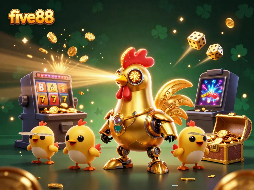 Experience the thrill of five88 with a golden rooster robot enjoying massive jackpots and gaming action.