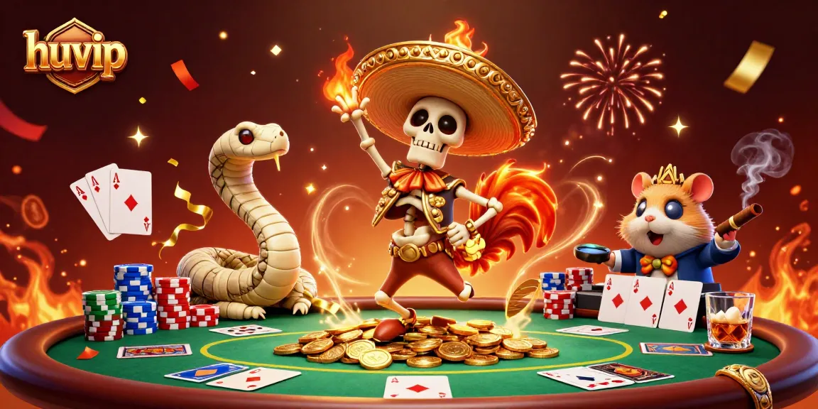 Experience thrilling poker action at huvip with vibrant party elements and dynamic characters celebrating on golden coins.