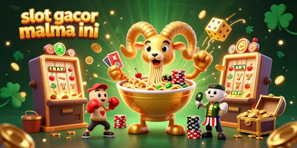 Experience slot gacor malma ini with a dynamic scene featuring whimsical characters and vivid casino elements.
