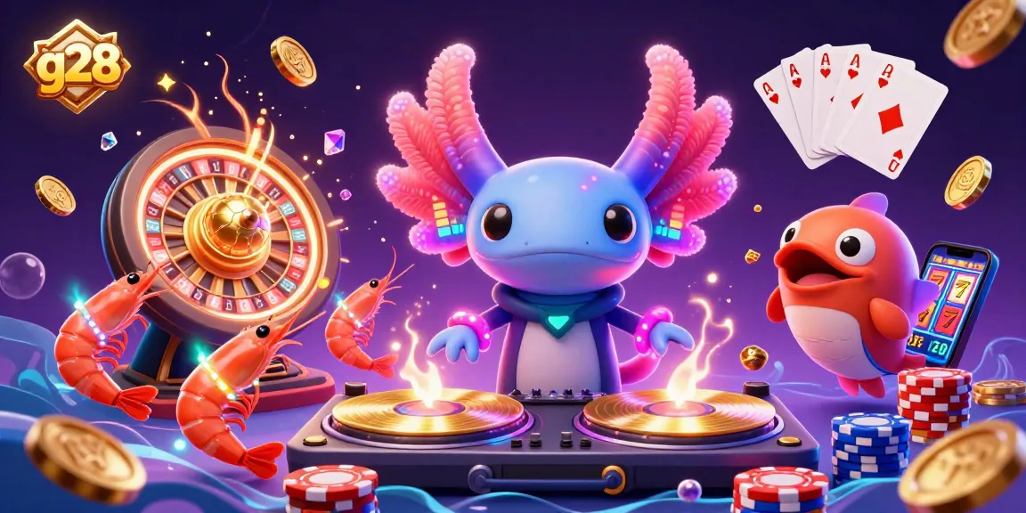 Experience the excitement of g28's underwater casino with a neon axolotl DJ, vibrant shrimp dancers, and sparkling riches.