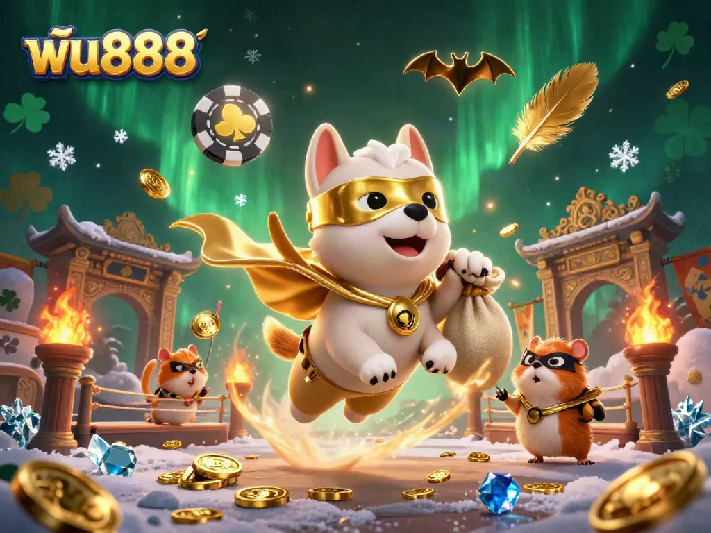 ฟัน888 gaming scene with a superhero dog and hamster amidst gold coins and casino elements, dynamic and festive atmosphere.