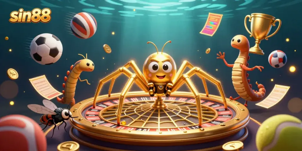 Experience thrilling gaming at sin88, where bets come alive amidst a golden roulette web.