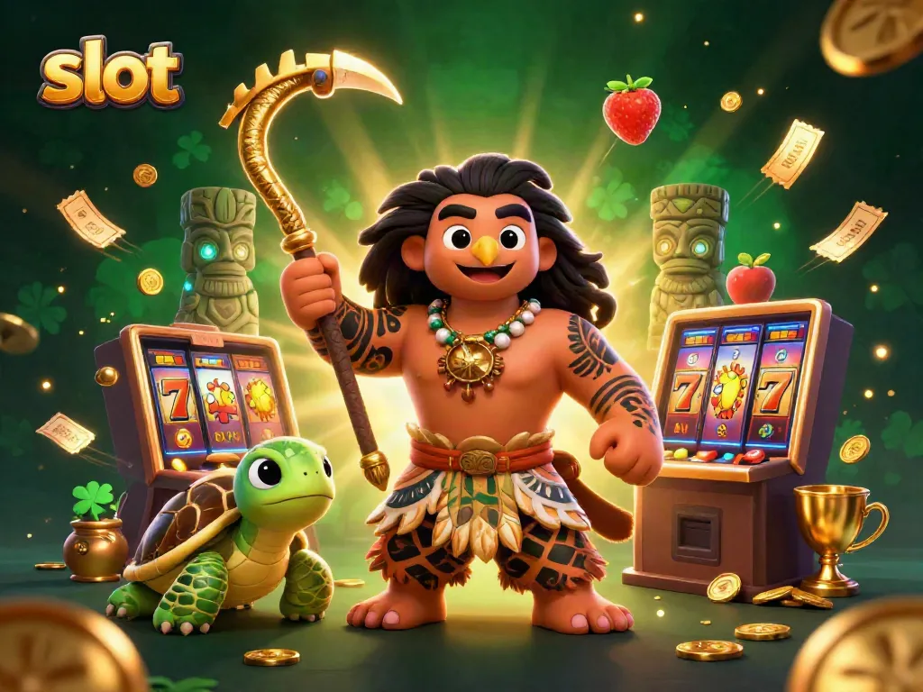 Experience thrilling slot gameplay with the demigod and turtle amidst vibrant symbols and glowing elements.
