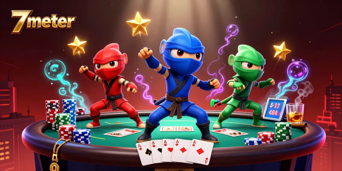Betting with 7meter: Synchronized chameleons in martial arts poses amidst vibrant poker elements.