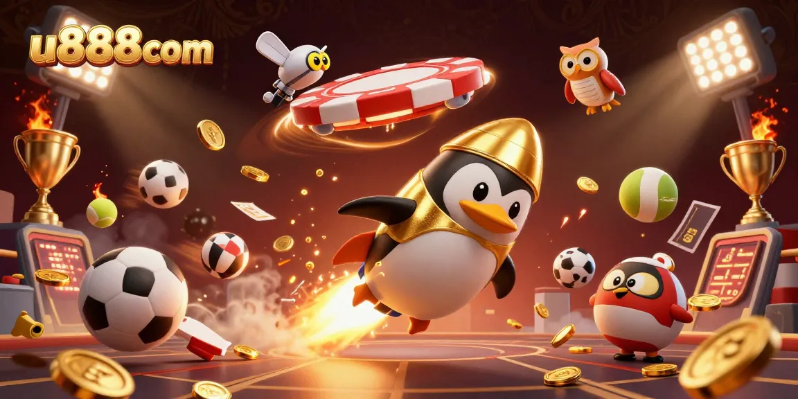 Experience thrilling action with u888com as a golden penguin blasts towards a casino space station.