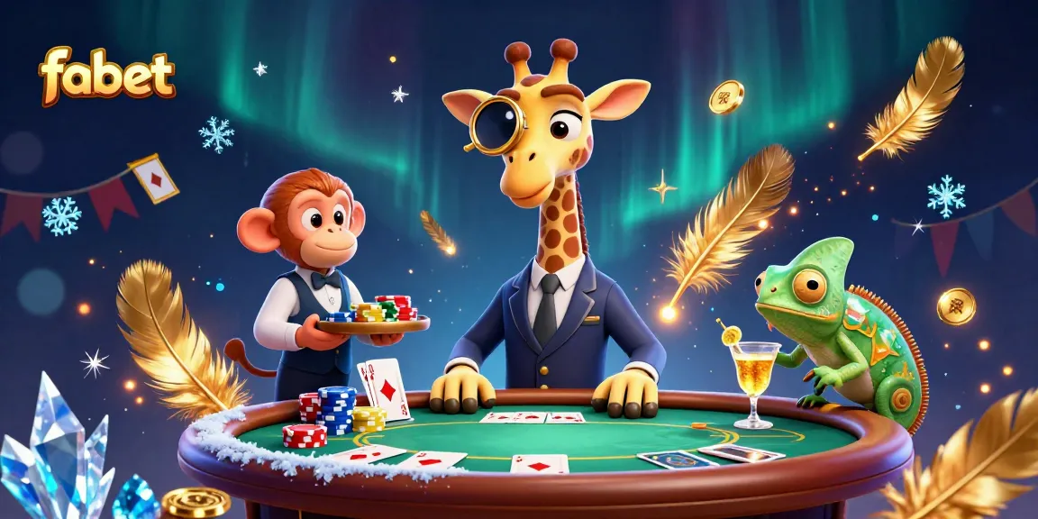 Engage in playful high-stakes poker action at fabet featuring a giraffe, monkey, and chameleon in vibrant 3D.