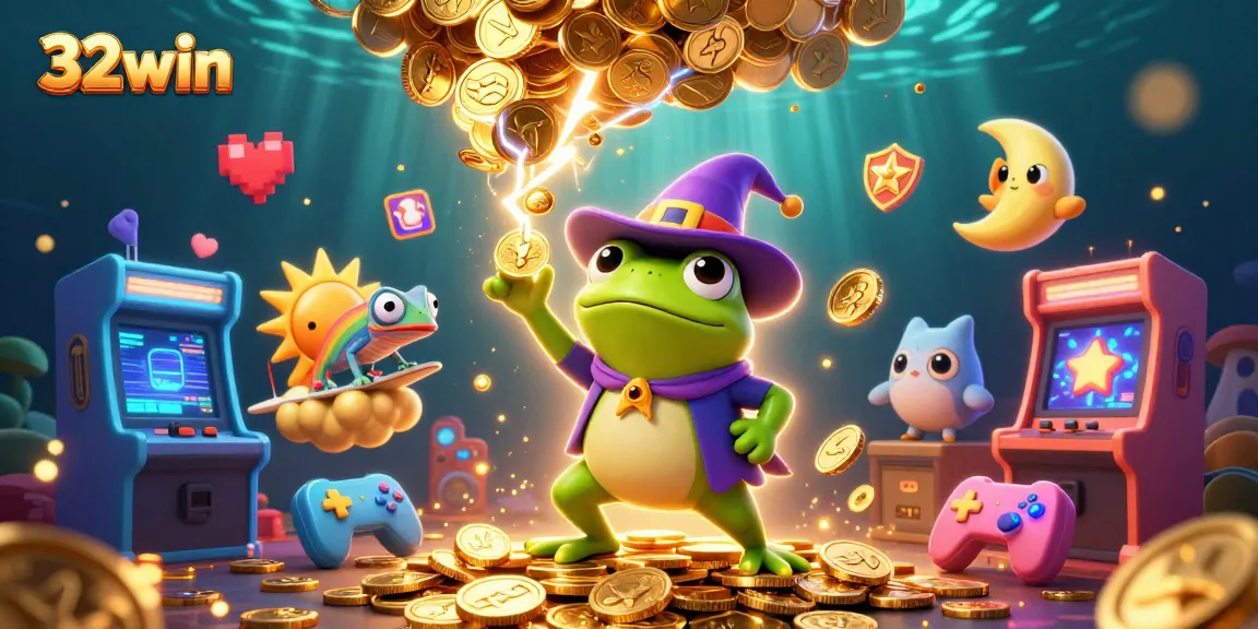 32win's dynamic scene showcases a whimsical gaming universe with rich colors and engaging characters.