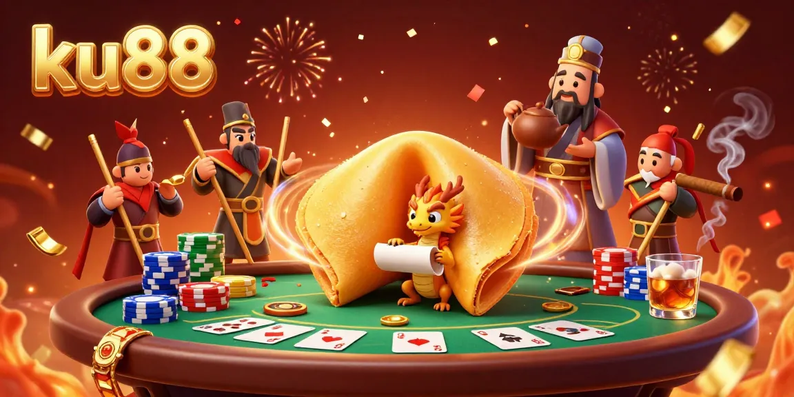 Engage with ku88 at a vibrant casino scene featuring a giant fortune cookie surrounded by dynamic poker elements.
