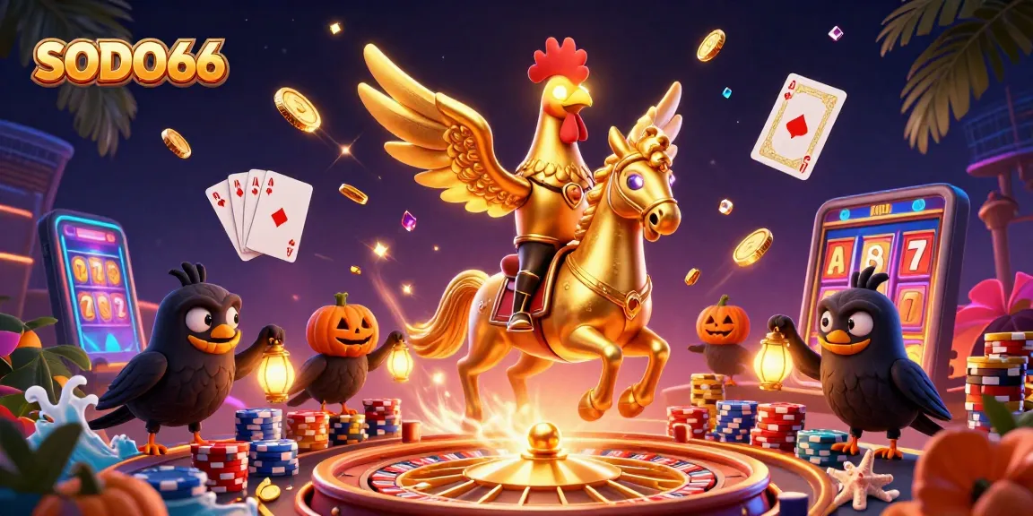 SODO66 engages players with a lively casino scene showcasing golden rooster, vibrant game elements, and interactive ambiance.