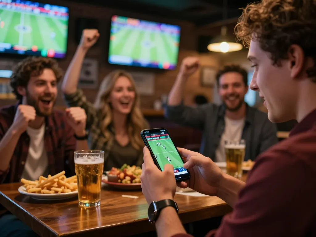 keobongda user engaging in sports betting with excitement in a lively sports bar atmosphere.