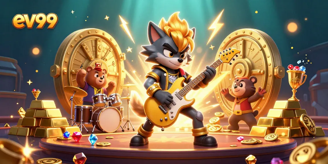 Experience thrilling action at EV99 with rock star wolf dominating the casino stage among treasures and gemstones.