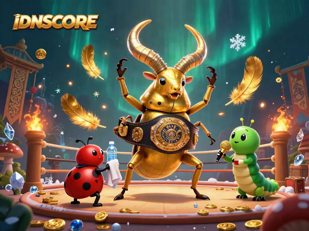 Experience IDNSCORE gaming with a vibrant 3D scene featuring unique characters and dynamic casino elements.