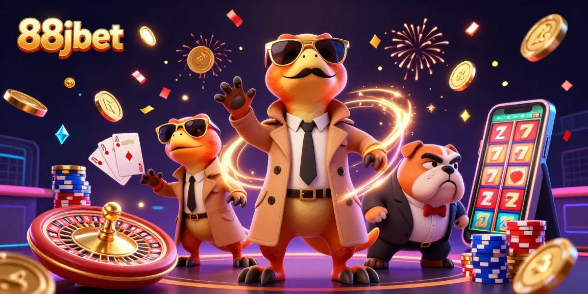Experience the excitement of 88jbet with three raptors in a trench coat at a VIP casino, surrounded by casino elements.