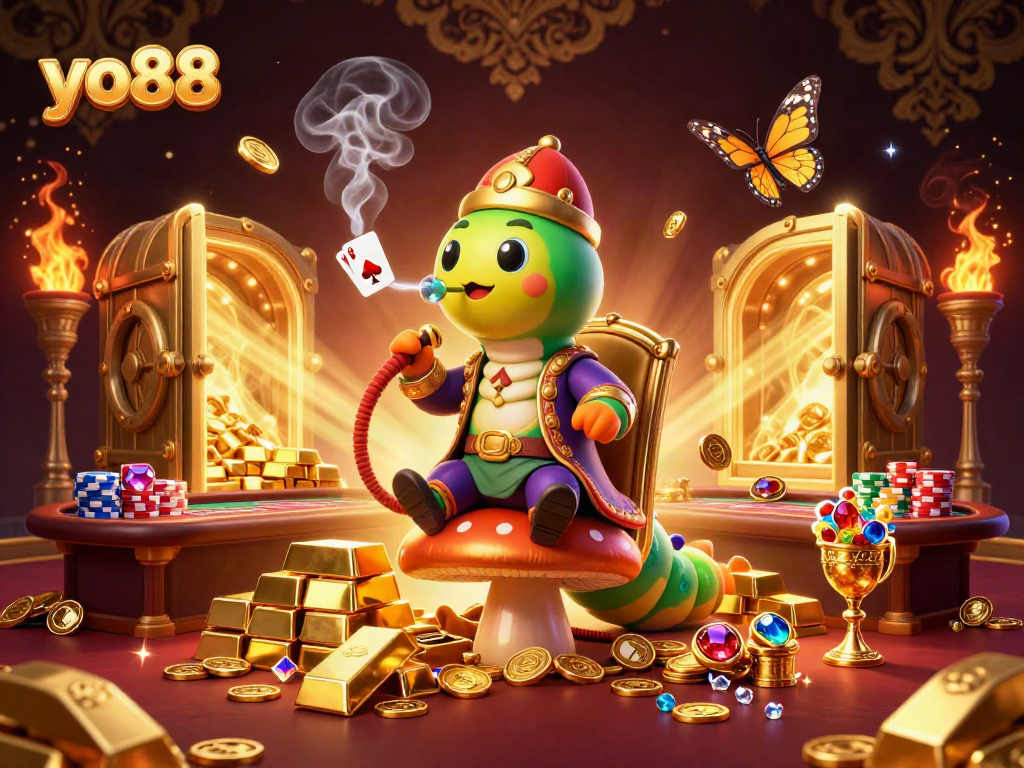 Engage in thrilling poker with yo88's vibrant 3D illustrated caterpillar master surrounded by treasure.