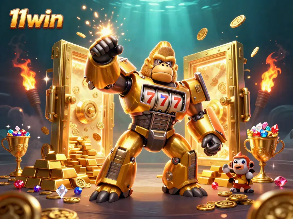 Experience the thrill of winning at 11win with a golden gorilla mech surrounded by treasures.