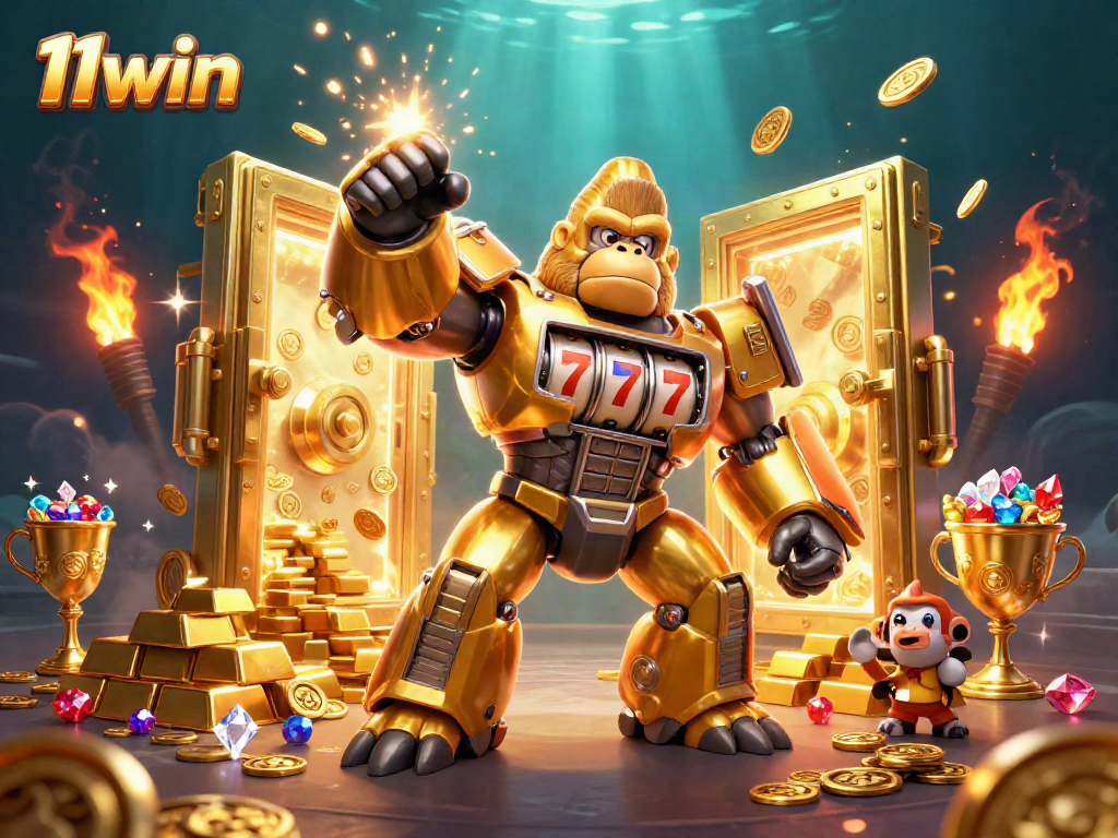 Experience the thrill of winning at 11win with a golden gorilla mech surrounded by treasures.