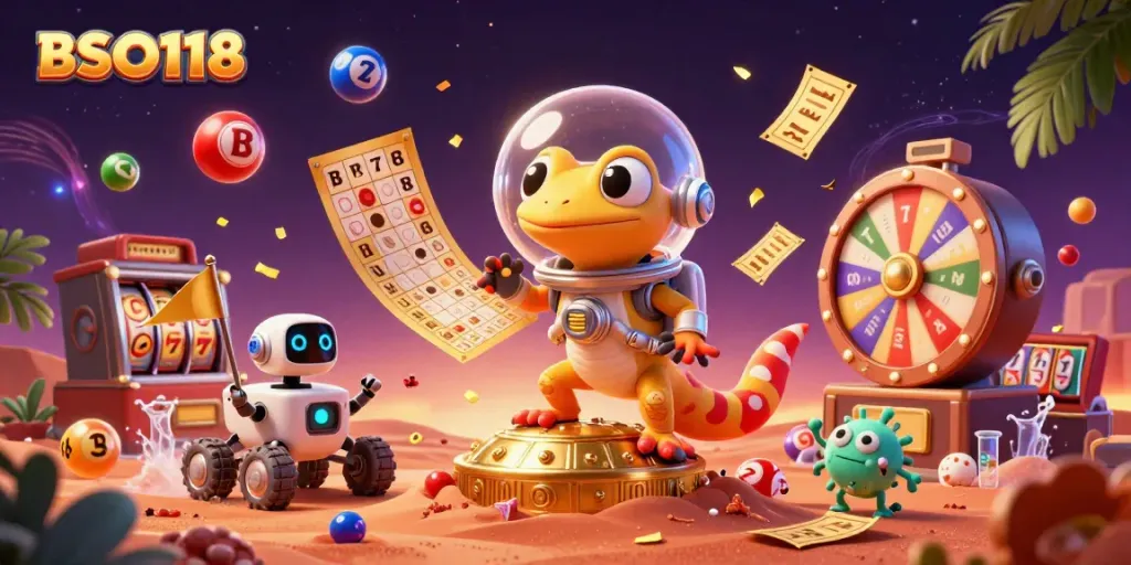 Engaging scene with BSO118 showcasing a Martian gecko discovering a golden casino amidst colorful lottery elements.