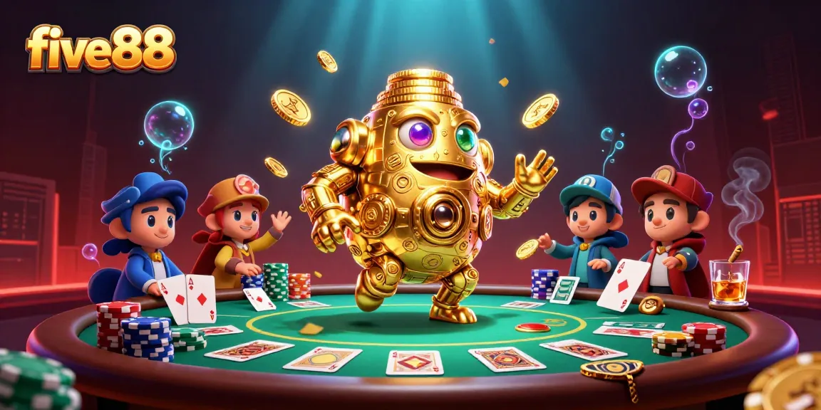 Experience the thrill of five88 with a dynamic casino scene featuring a golden golem and poker elements.