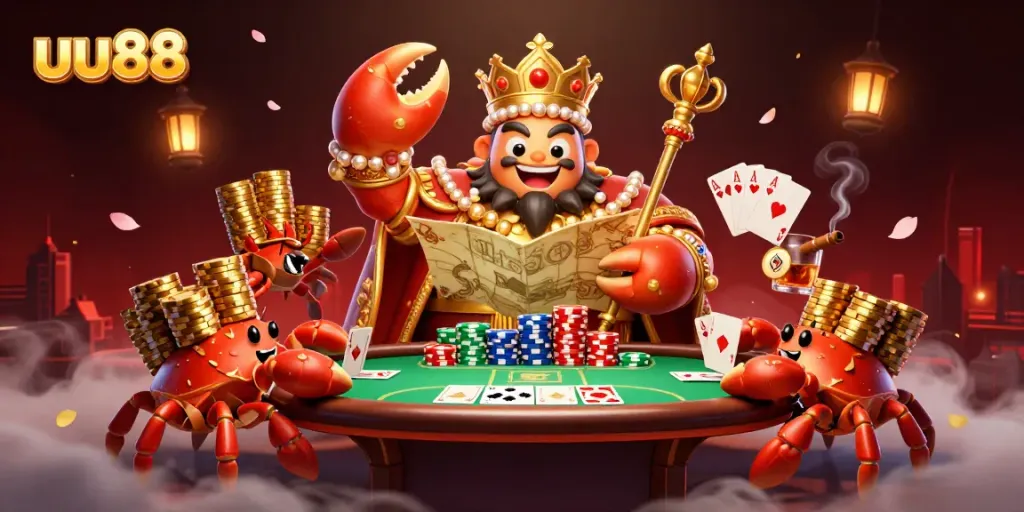 Experience uu88's vibrant casino scene filled with a golden crab emperor, poker tables, and dynamic elements.