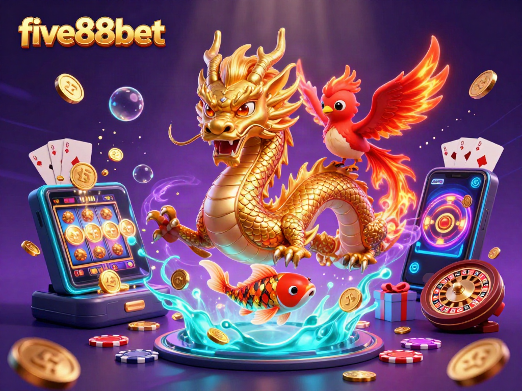 Experience thrilling wins at five88bet with a dynamic casino-themed 3D illustration showcasing a dragon, phoenix, and koi fish.