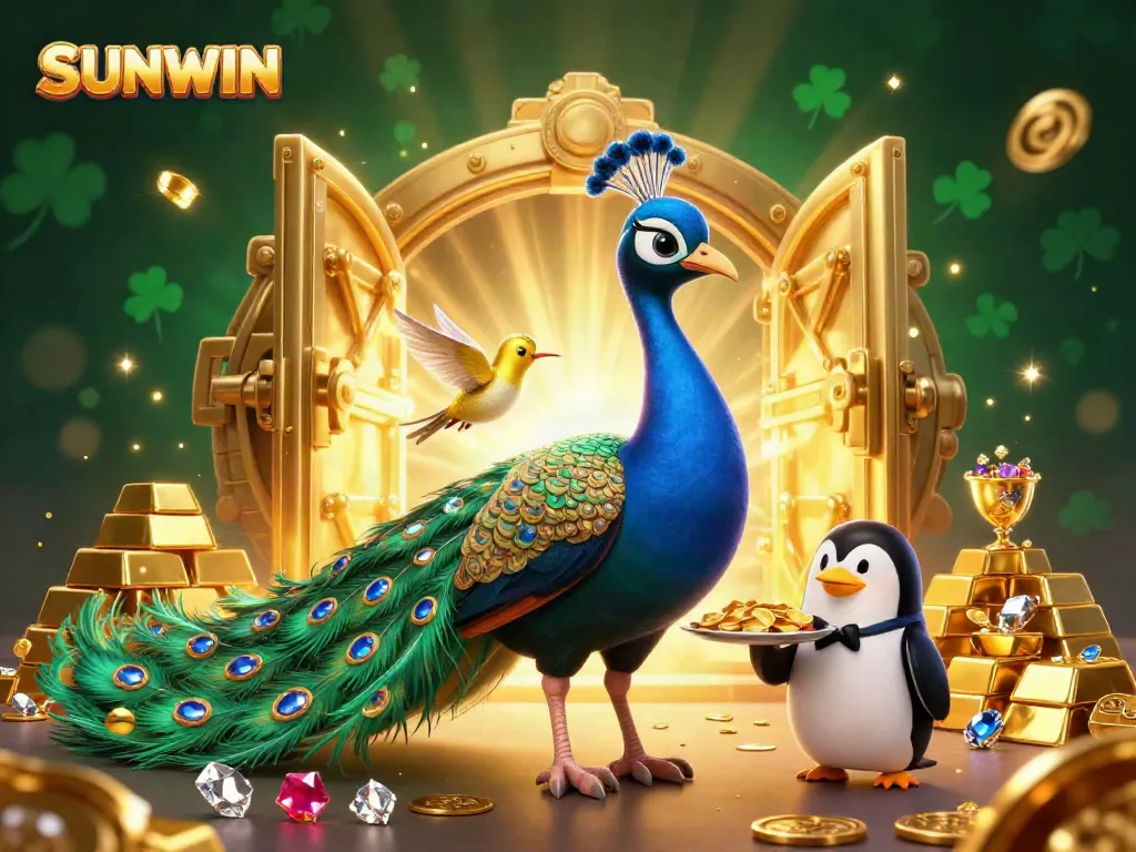 Experience the excitement of SUNWIN with a dazzling casino scene featuring vibrant characters and treasures.