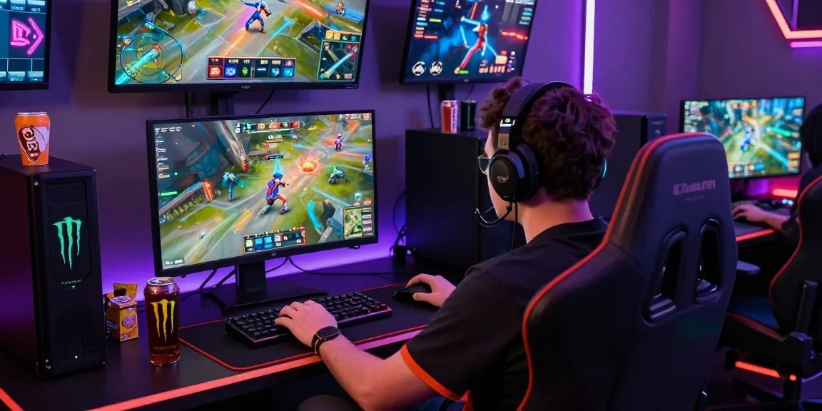 Overwatch 2 Cheat: gamer intensely playing on a high-resolution monitor with gaming peripherals in a neon-lit room.