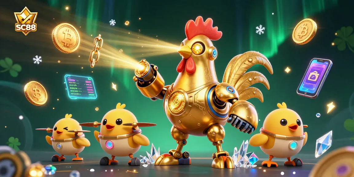 Experience thrilling action at SC88 with a futuristic rooster robot and gold coins amidst a vibrant casino scene.