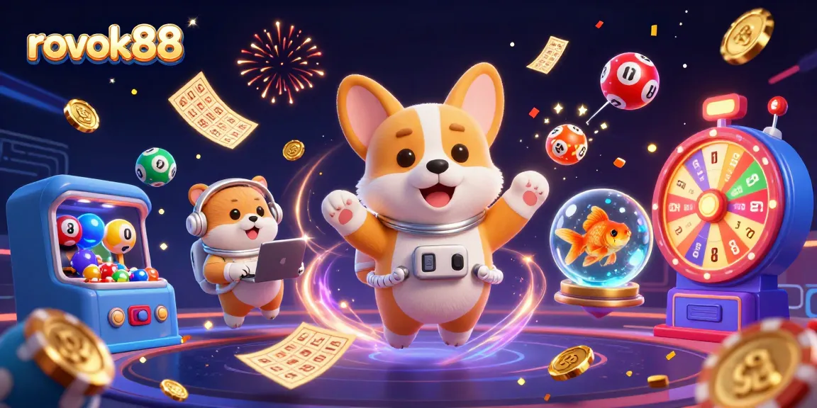 Experience excitement with rokok88 as a corgi astronaut navigates a vibrant casino space station filled with floating prizes.