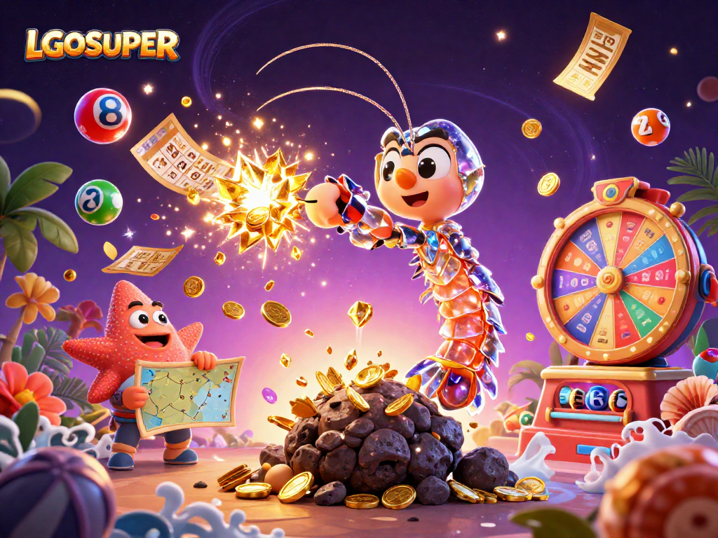 Join the excitement at LGOSUPER, where a galactic shrimp battles through an asteroid, showering gems!