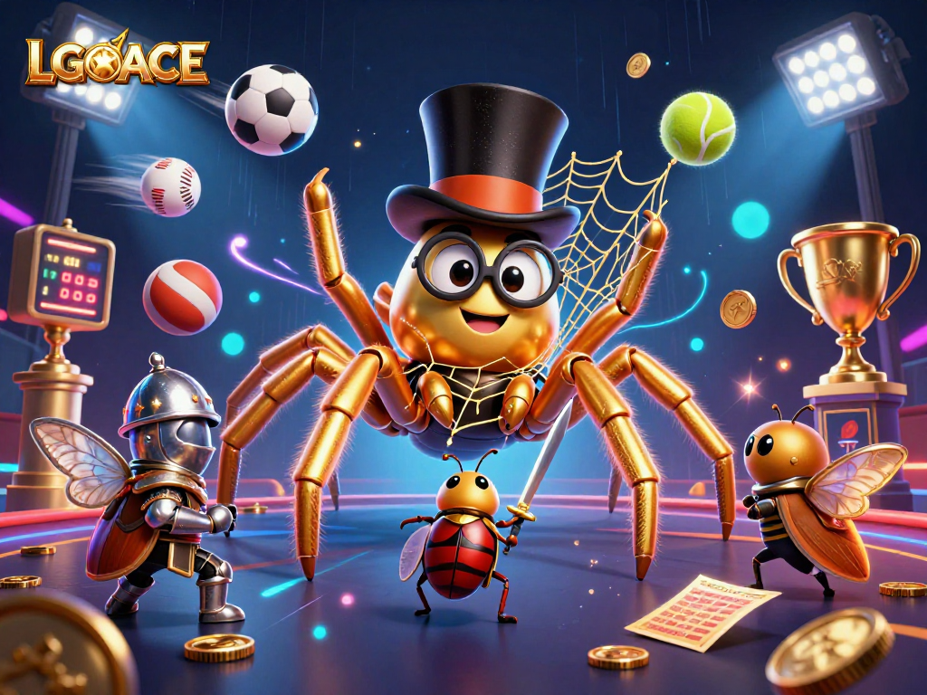 LGOACE presents a vibrant scene with a golden tarantula weaving webs in a dynamic casino environment