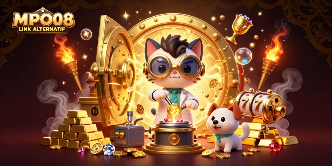 Engage with MPO08 LINK ALTERNATIF in a vibrant 3D casino scene filled with gold and excitement.