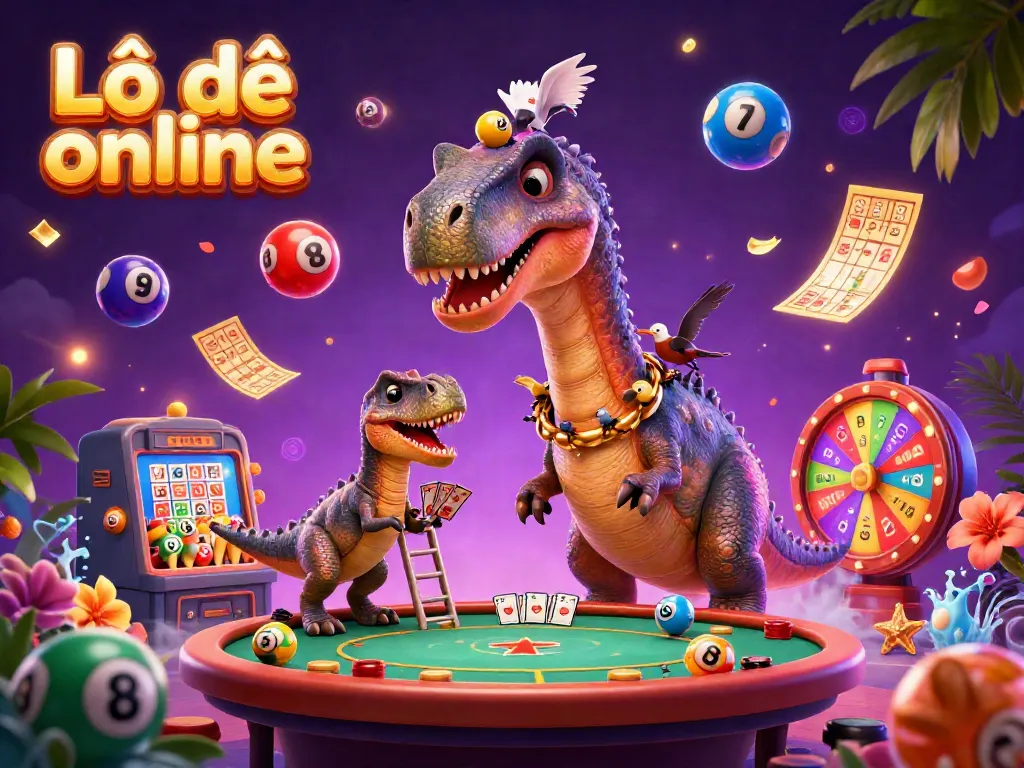 Engage with Lô đề online excitement through a vibrant 3D casino scene featuring a giant brontosaurus, clever raptor dealer, and playful lottery elements.