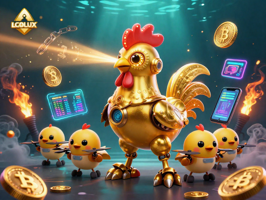 Engage with LGOLUX for thrilling gaming adventures featuring golden rooster robot and crypto elements.