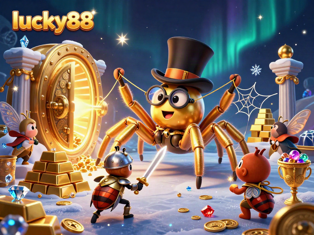 Experience thrill with lucky88 as a golden tarantula weaves golden threads in a vibrant casino atmosphere.
