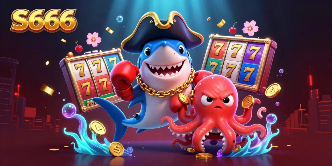 S666 players spin in excitement with vibrant slot reels, lucky 7s, and animated aquatic friends in this dynamic casino illustration.