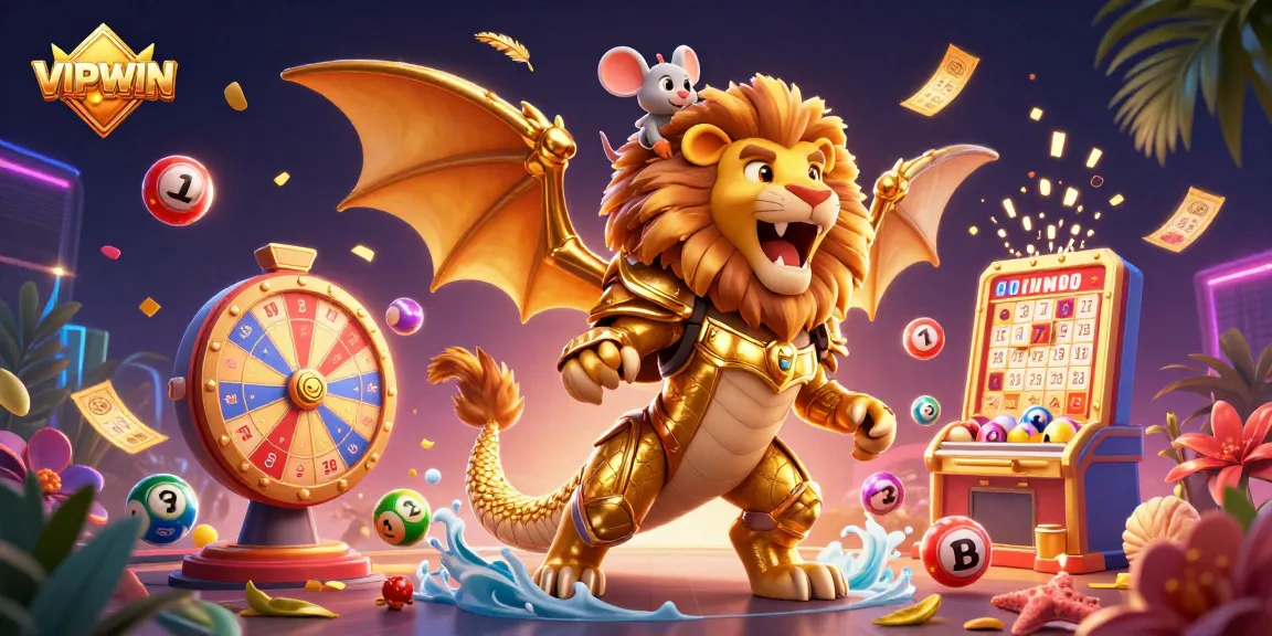 Join the excitement of VIPWIN with a 3D chimera creature amidst colorful lottery elements.