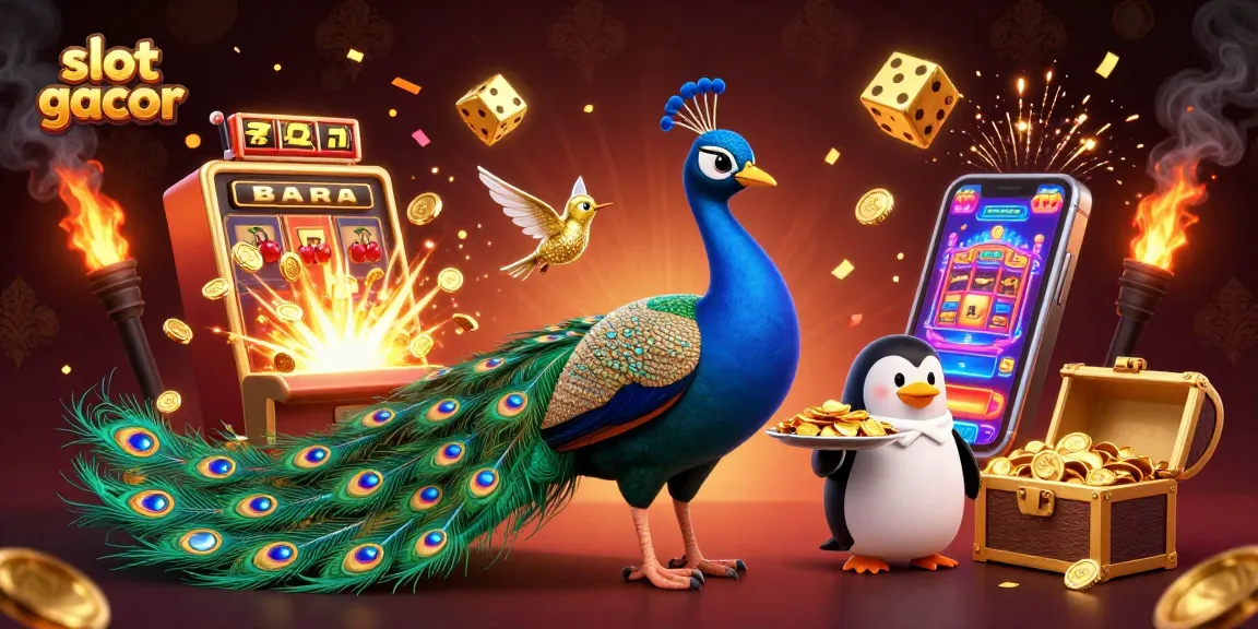 Immerse in slot gacor excitement with a dazzling peacock and bustling casino elements in a vibrant scene.