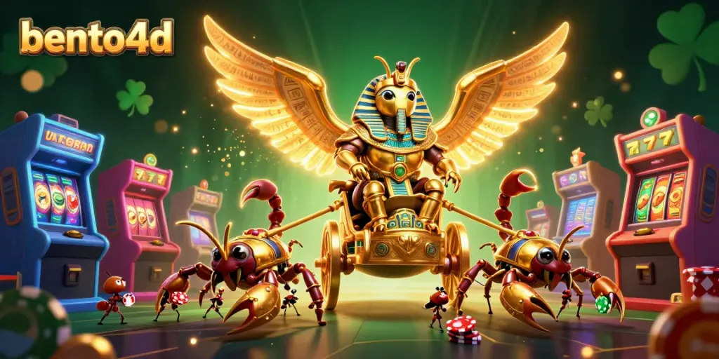 Engage in a thrilling bento4d gaming adventure with a 3D golden scarab and vibrant casino elements.