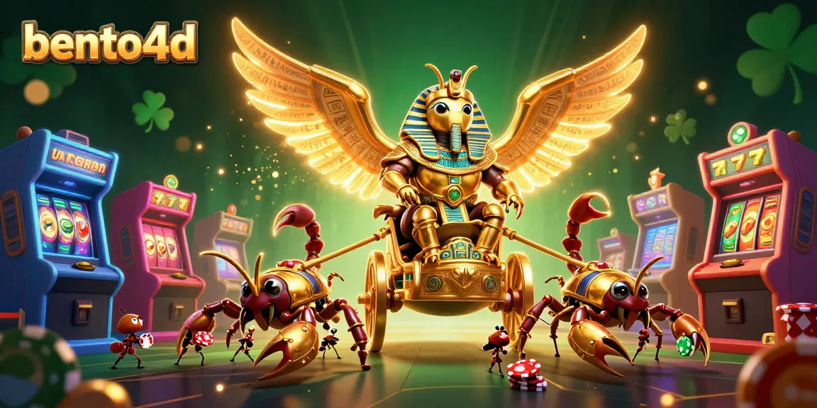 Engage in a thrilling bento4d gaming adventure with a 3D golden scarab and vibrant casino elements.